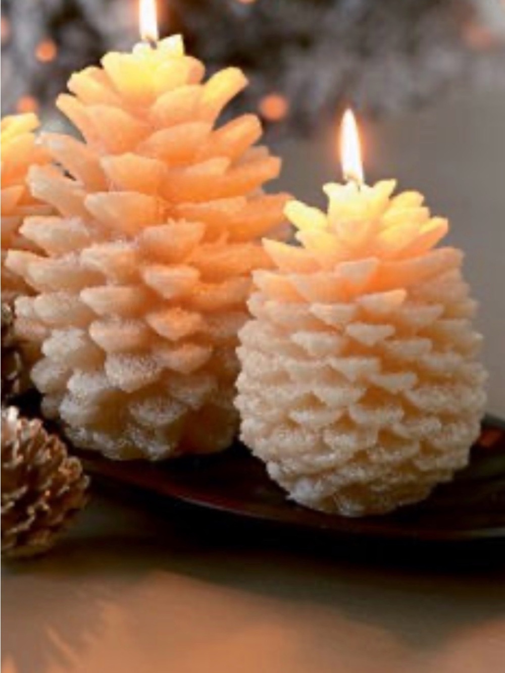Crate and Barrel set of 2 Glis Ivory Pinecone Decorative Candles